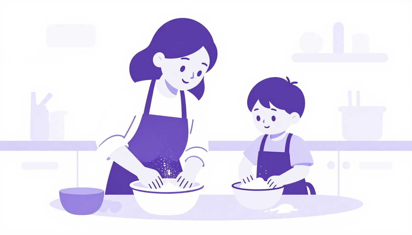 A grandmother and young grandchild baking together in a warm kitchen