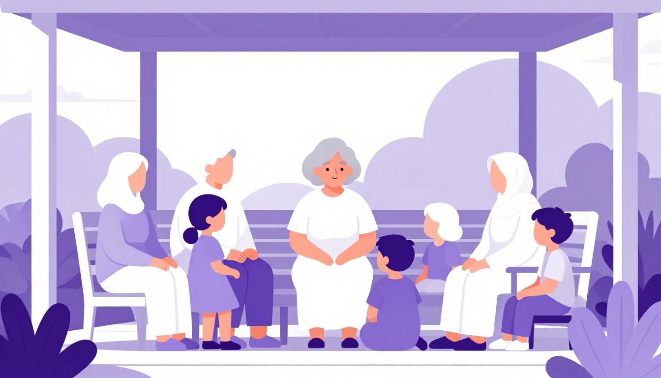 A multi-generation Brazilian family sitting together on a porch, grandmother in the center