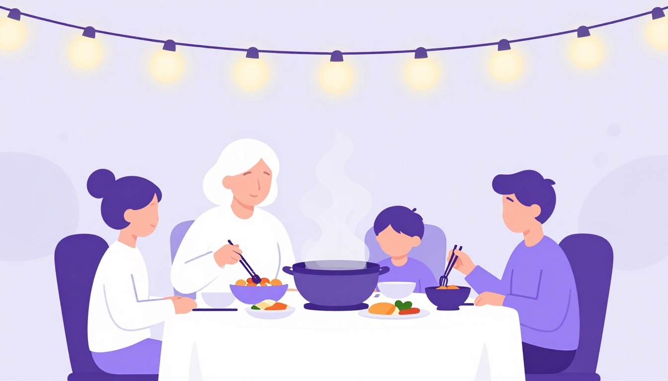 A grandmother and her grandchildren sitting at a table set for a family meal