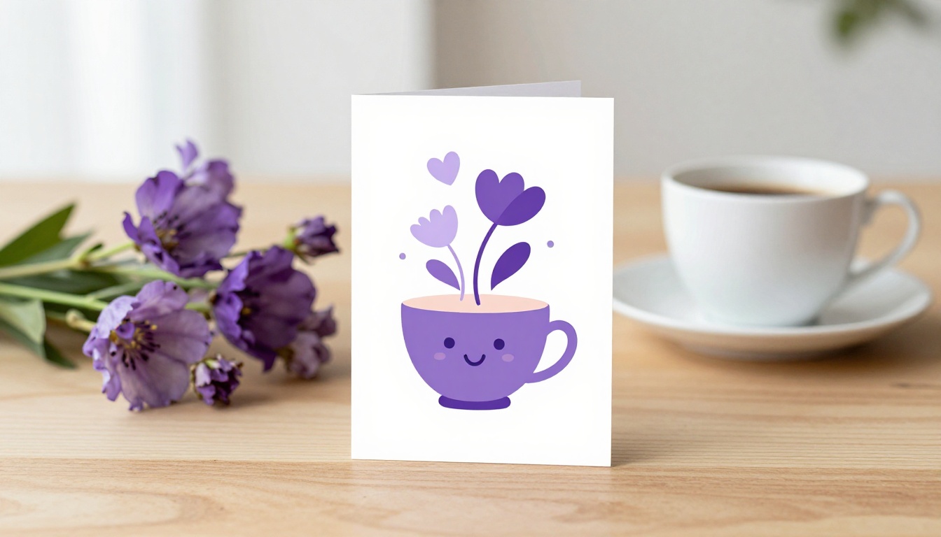 A greeting card and small bouquet of flowers on a table, celebrating a family holiday