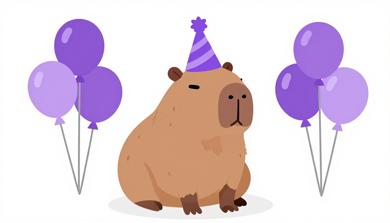 capybara wearing a small party hat next to birthday balloons