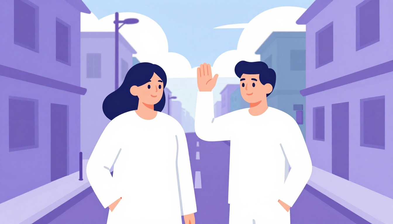 two friends waving hello to each other on a sunny street