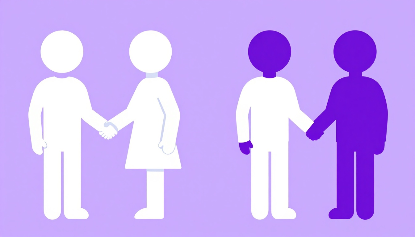 two people greeting with a cheek kiss beside another pair shaking hands