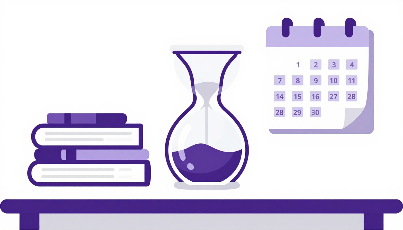 An hourglass next to a stack of language books and a wall calendar with months marked off, representing the hours needed to learn a new language