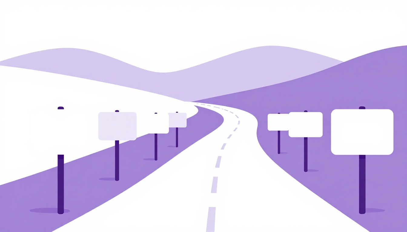 A winding road with blank milestone signposts leading toward a distant mountain at sunrise, representing a month by month learning timeline
