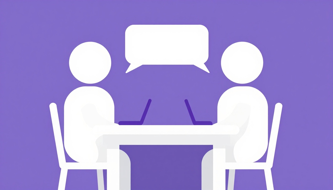 Two people video calling on laptops across a small table with a speech bubble between them, representing a language exchange conversation
