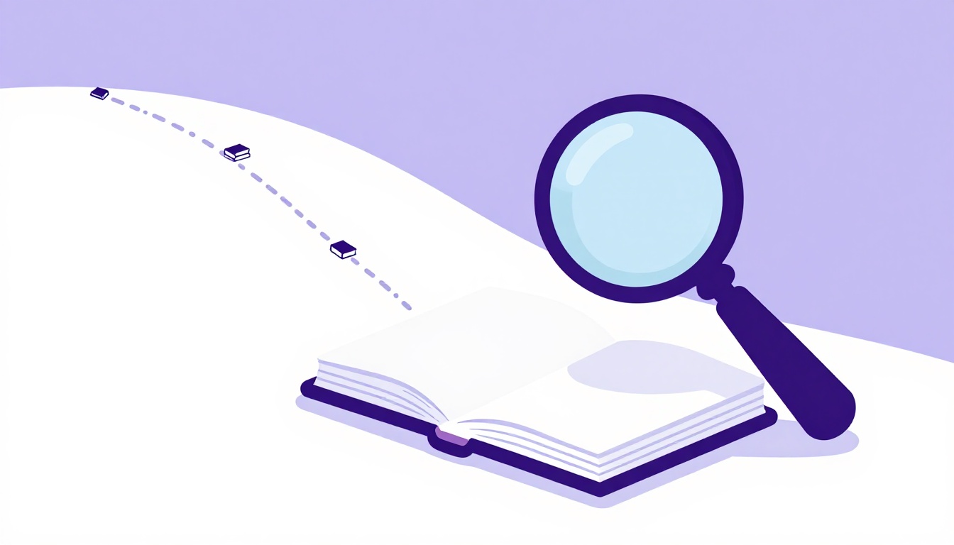Two paths from an open book, one wide and scattered with many small books, one narrow leading to a single book under a magnifying glass