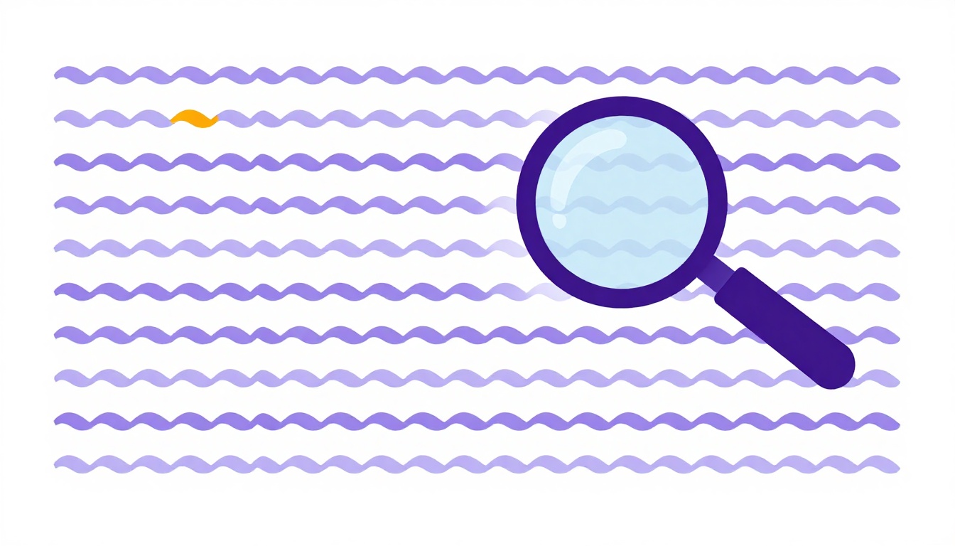 A page of text shown as neat wavy lines with only one short section highlighted in a different color, under a magnifying glass