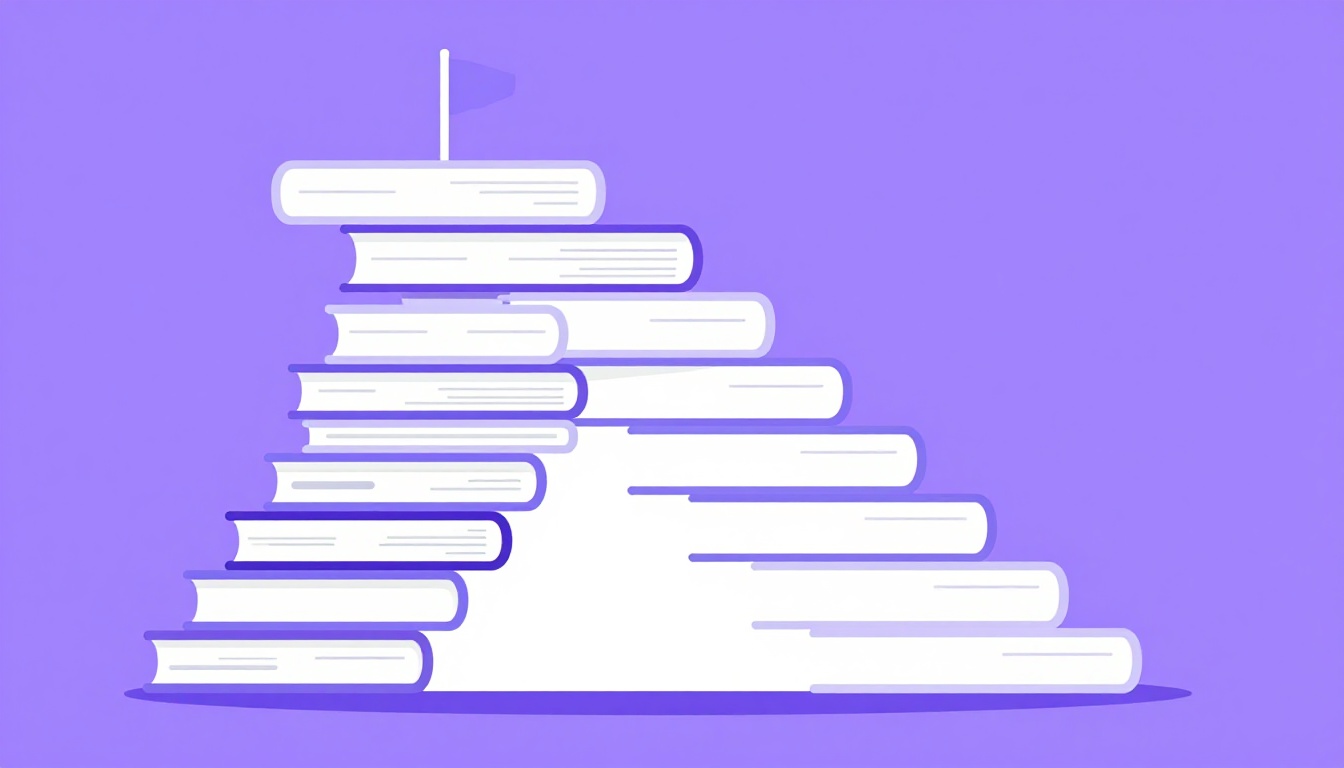 A staircase built from stacked books rising to a small flag at the top