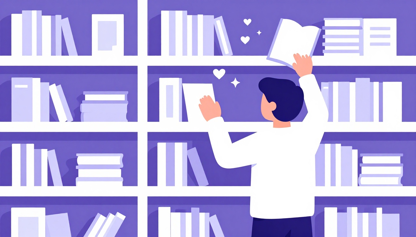 A person reaching for a book on a tall shelf, with small heart icons floating near a few titles