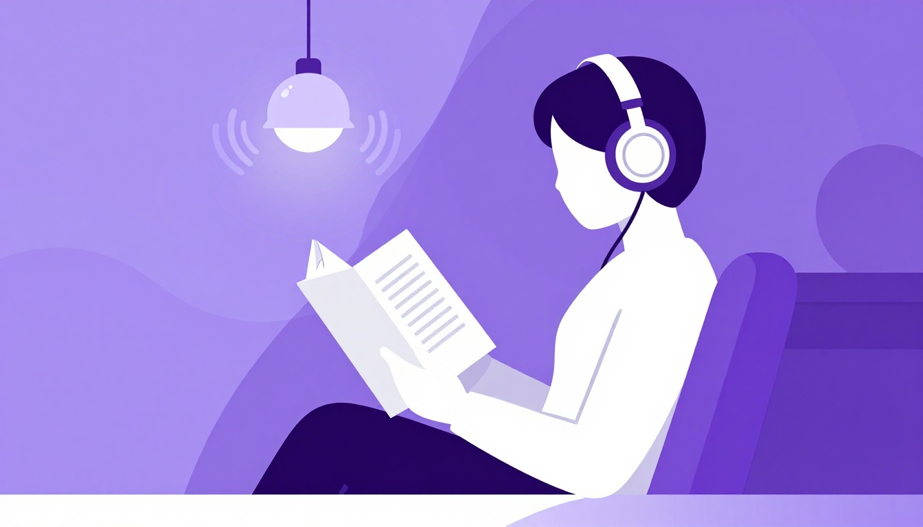 A person sitting in a chair reading a book with large headphones on, a warm lamp glowing beside them