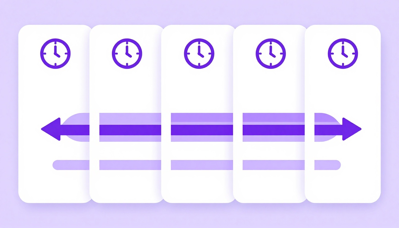 A row of five flashcards spreading further apart from left to right, each with a small clock above it
