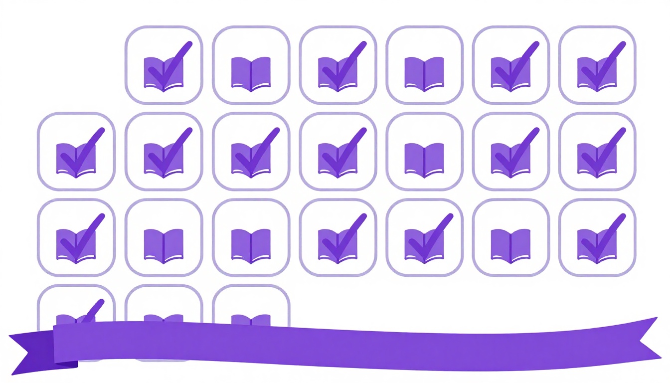 A grid of small squares, most containing a book icon and a few containing a checkmark, with a ribbon draped across the bottom