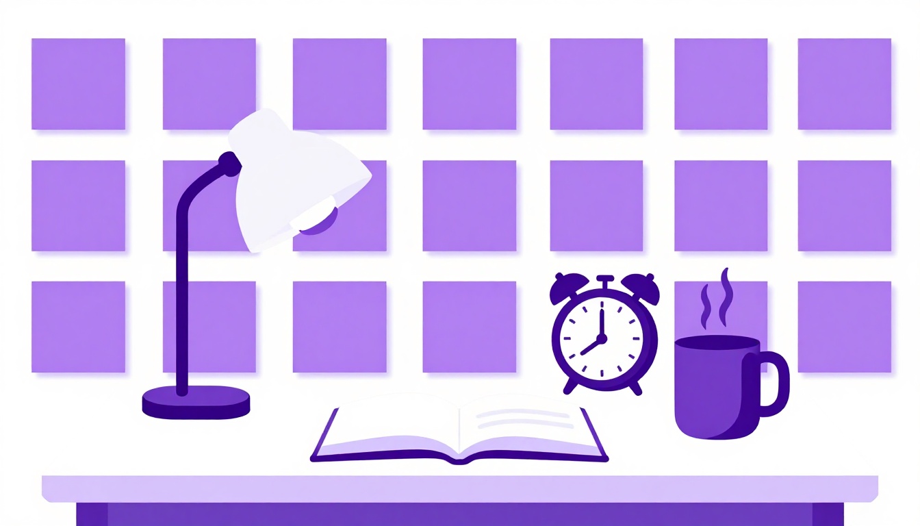 A tidy home study corner with a desk, a lamp, a notebook, and sticky notes, a simple setup for learning English at home