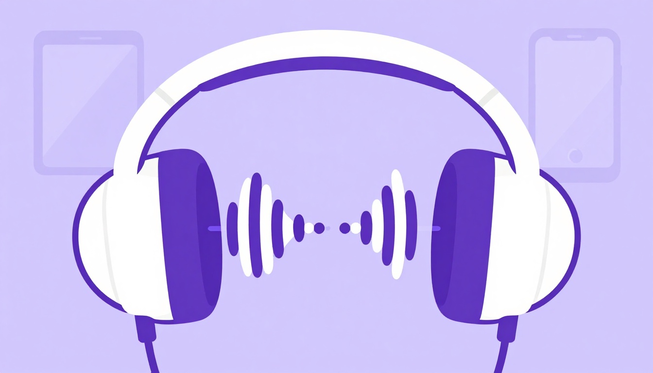 Headphones, a microphone, and a phone recording a voice with sound waves, for speaking English alone at home