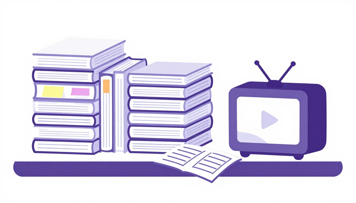 A stack of books with sticky notes, flashcards, and a TV, the tools for reading and vocabulary practice when learning English at home