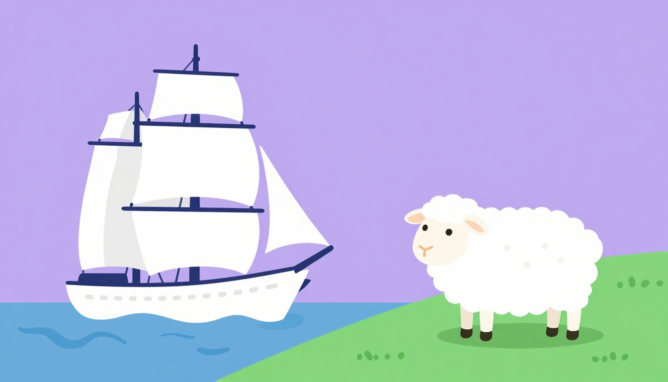 A toy ship beside a sheep, showing the minimal pair ship and sheep for English pronunciation practice