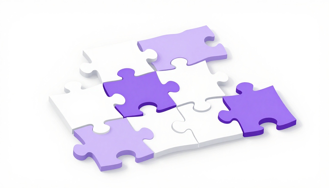 Puzzle pieces snapping into a chain showing English chunks and grammar patterns fitting together