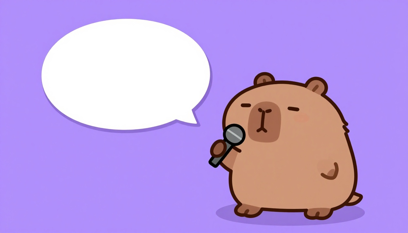 A capybara with a microphone and empty speech bubbles ready to practice speaking English