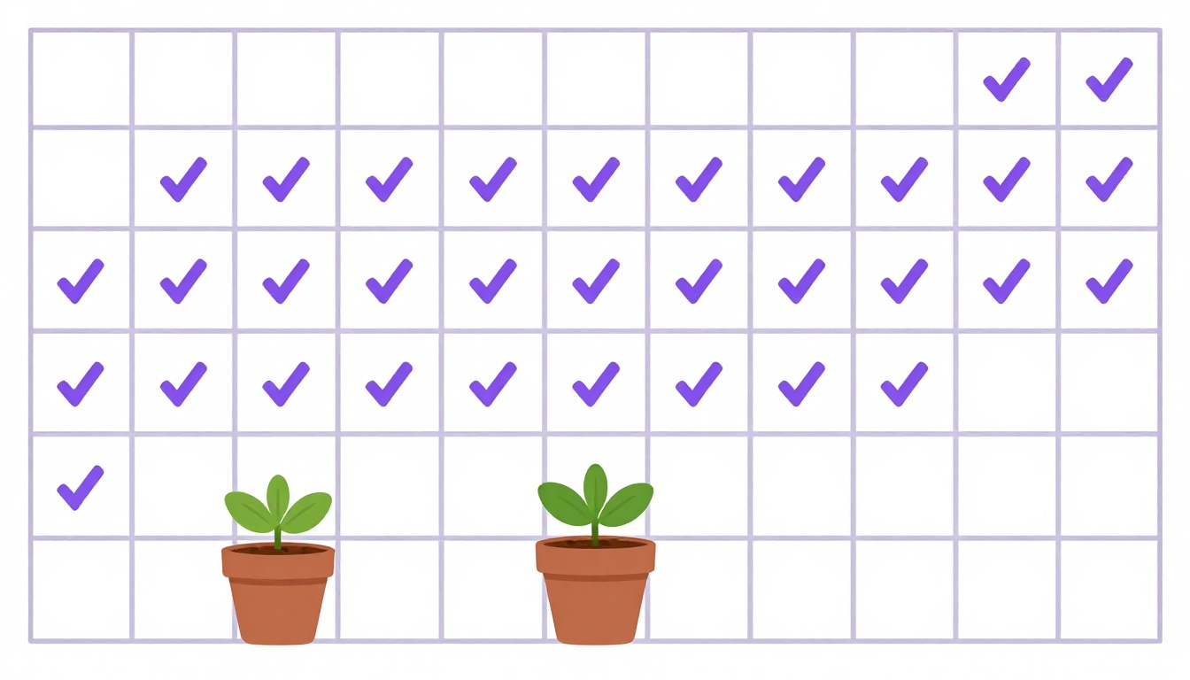 A calendar with check marks and seedlings growing to show daily English review habits
