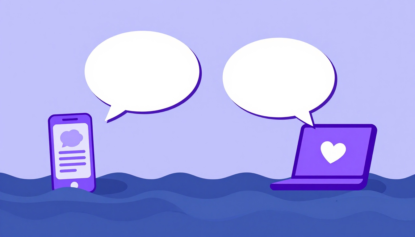 Two speech bubbles connecting across an ocean between a phone and a laptop