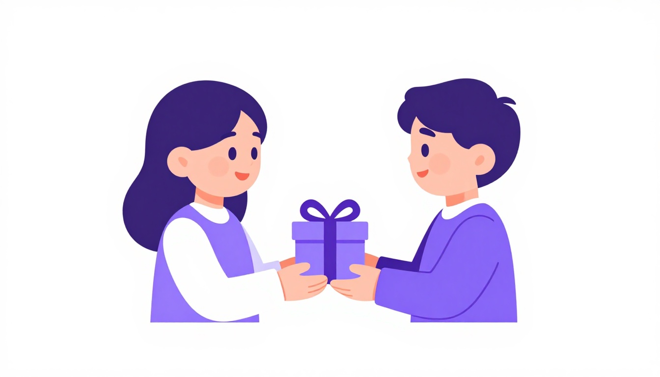 two friends exchanging a small gift with a warm smile