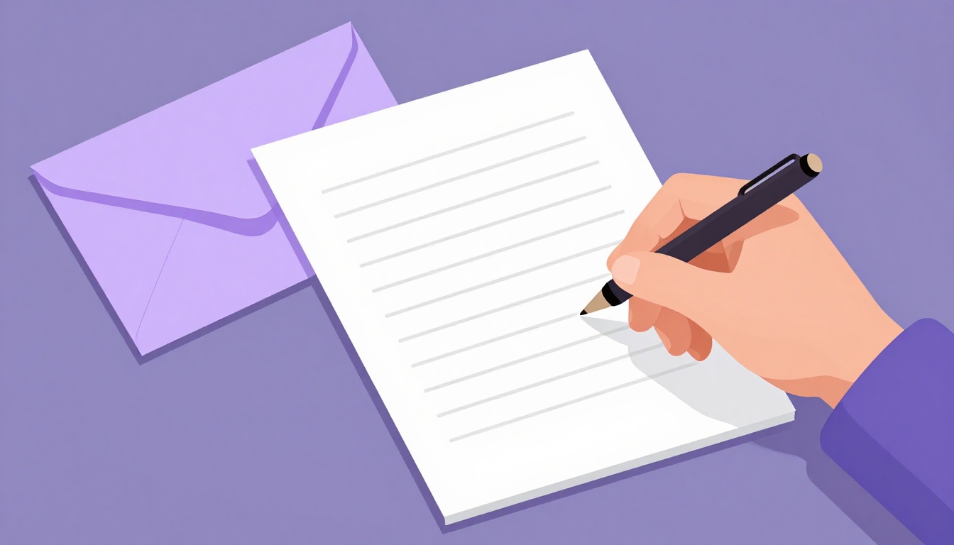a person writing a formal letter at a desk beside an envelope