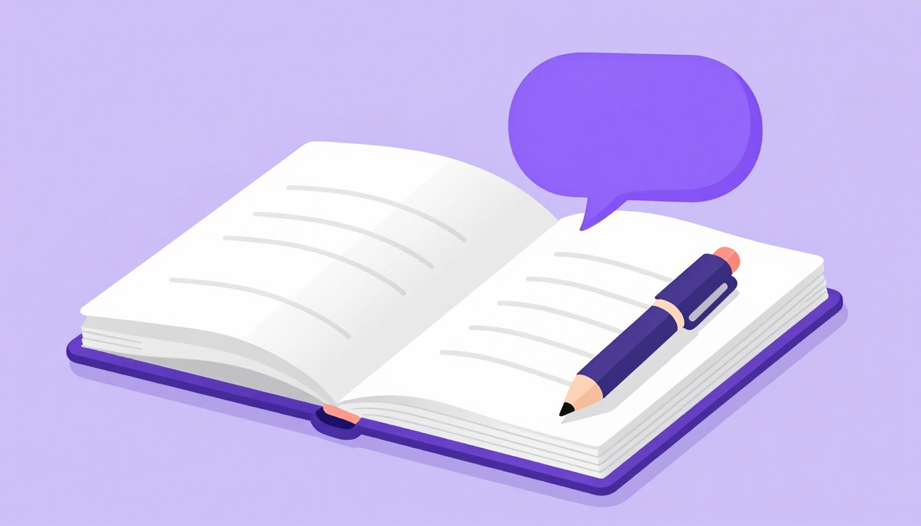 An open notebook with a pen resting on it and a speech bubble floating above the page