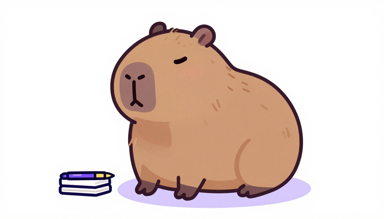 Capy the capybara sitting beside a small stack of postcards and a pen