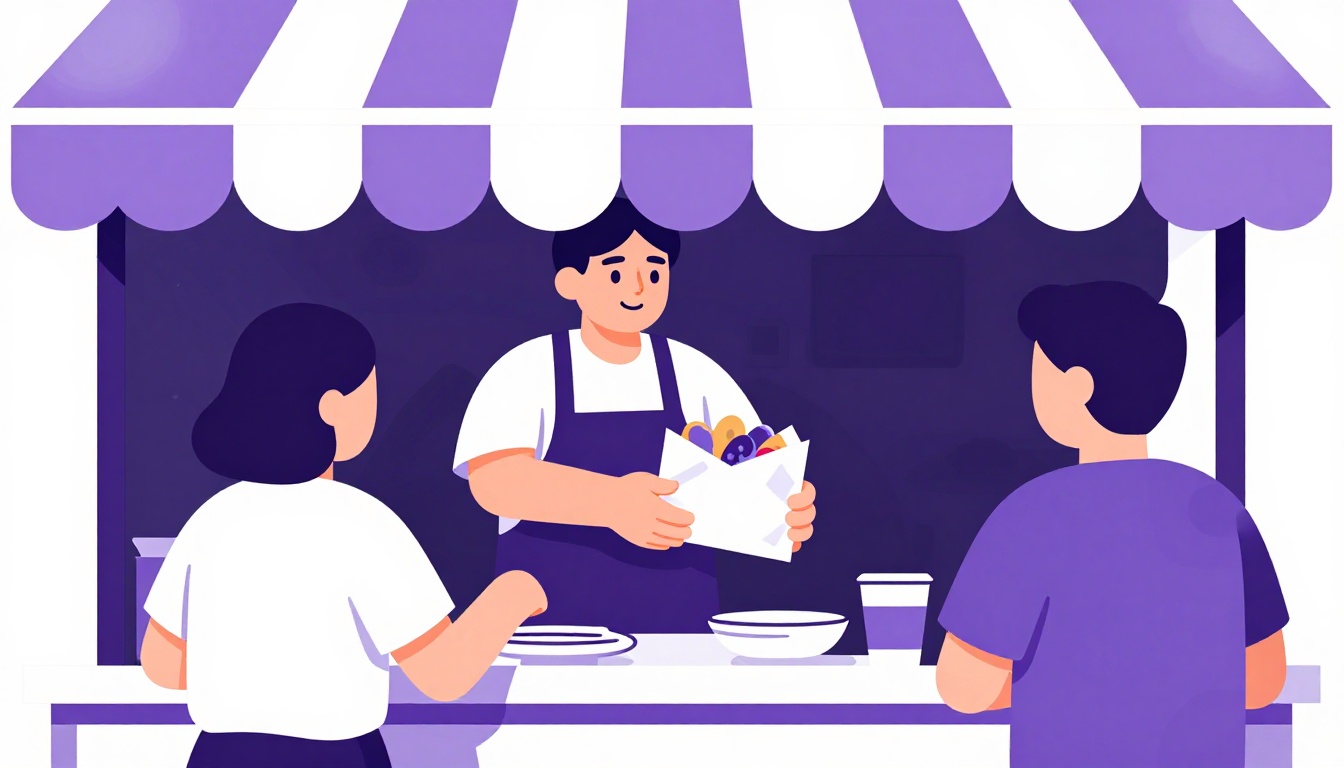 Illustration of a street food vendor handing a snack to a customer at an outdoor stall