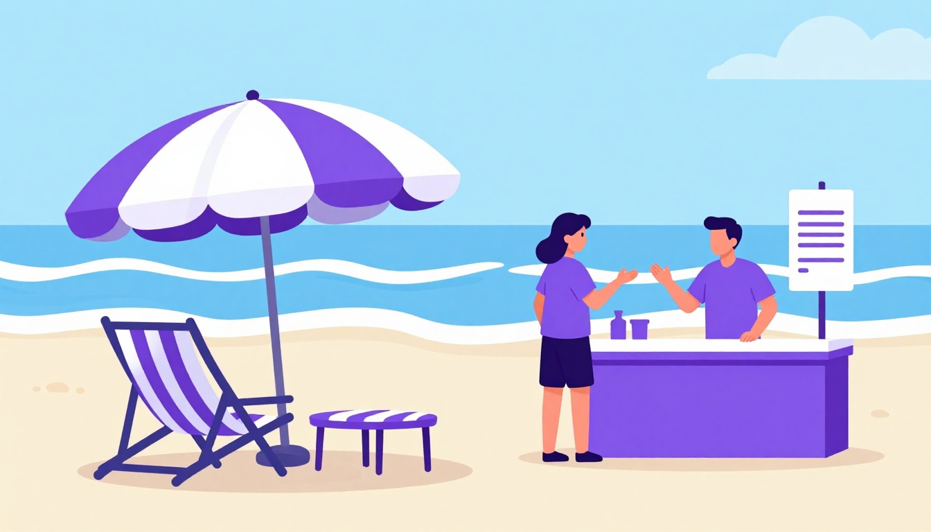 Illustration of a beach umbrella and chair with a tourist talking to a vendor at the shore