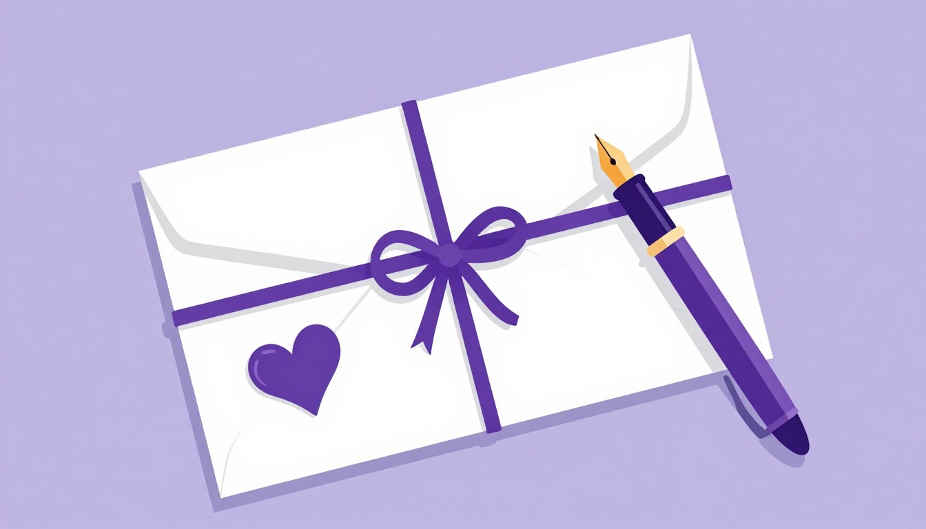 A sealed envelope tied with a ribbon and a heart wax seal beside a fountain pen