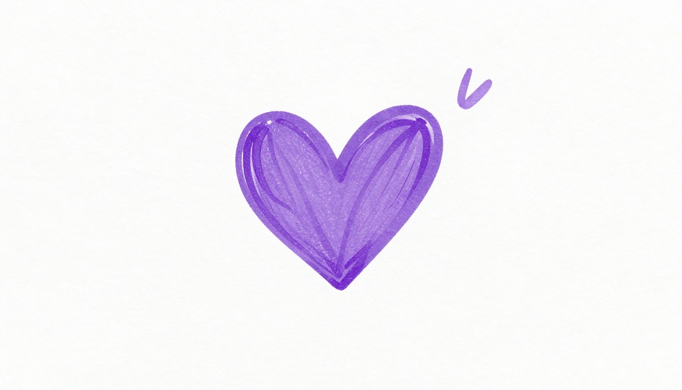 A small hand drawn purple heart on plain paper