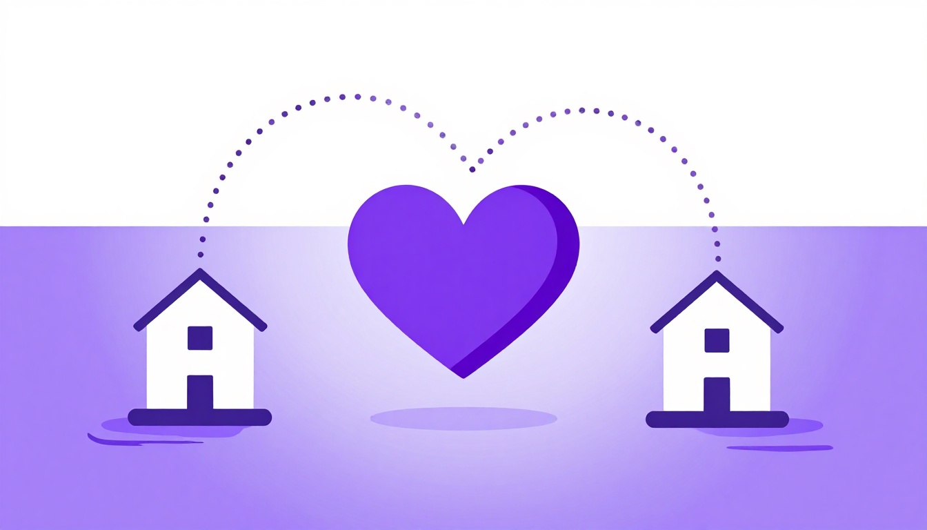 Two houses on opposite sides of the ocean joined by a dotted line and a purple heart, showing saudade in Portuguese