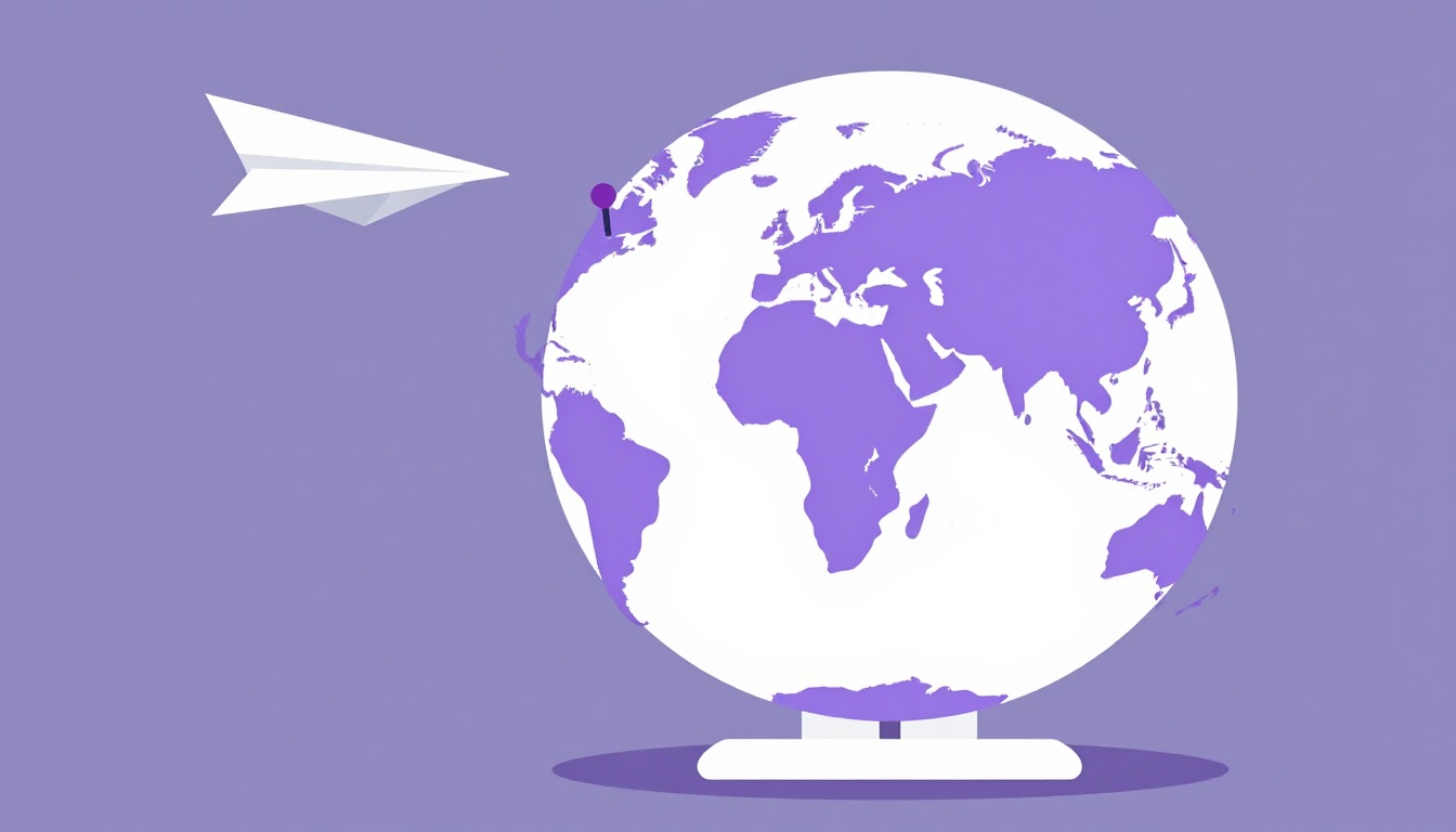 A globe with a paper airplane flying from one pin to another, showing how Brazil and Portugal say I miss you differently