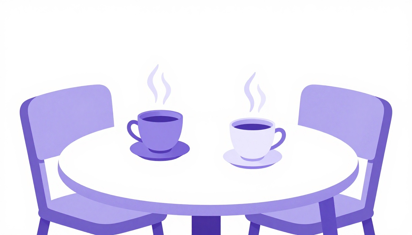 Two steaming teacups on a table with empty chairs, showing the feeling of missing someone