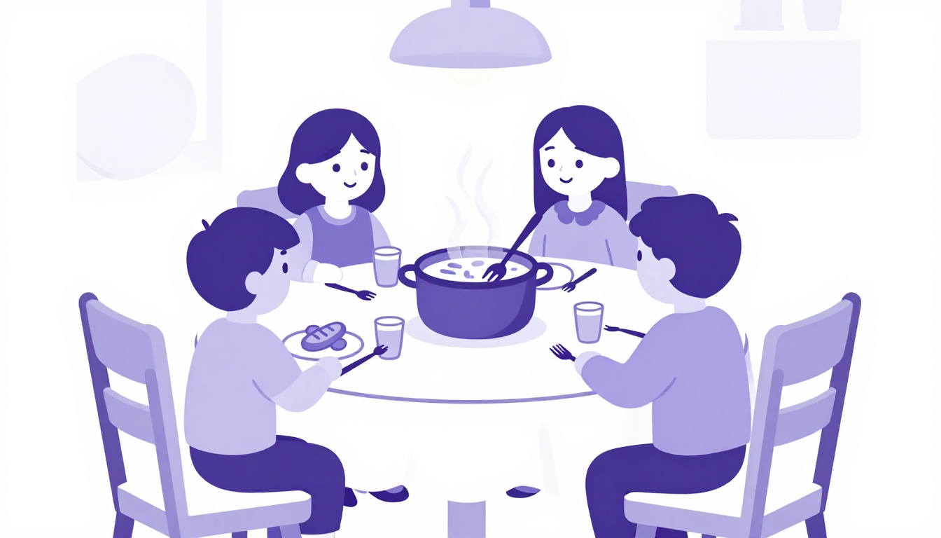 A family lunch table with a pot of stew and one empty chair, missing family in Portuguese