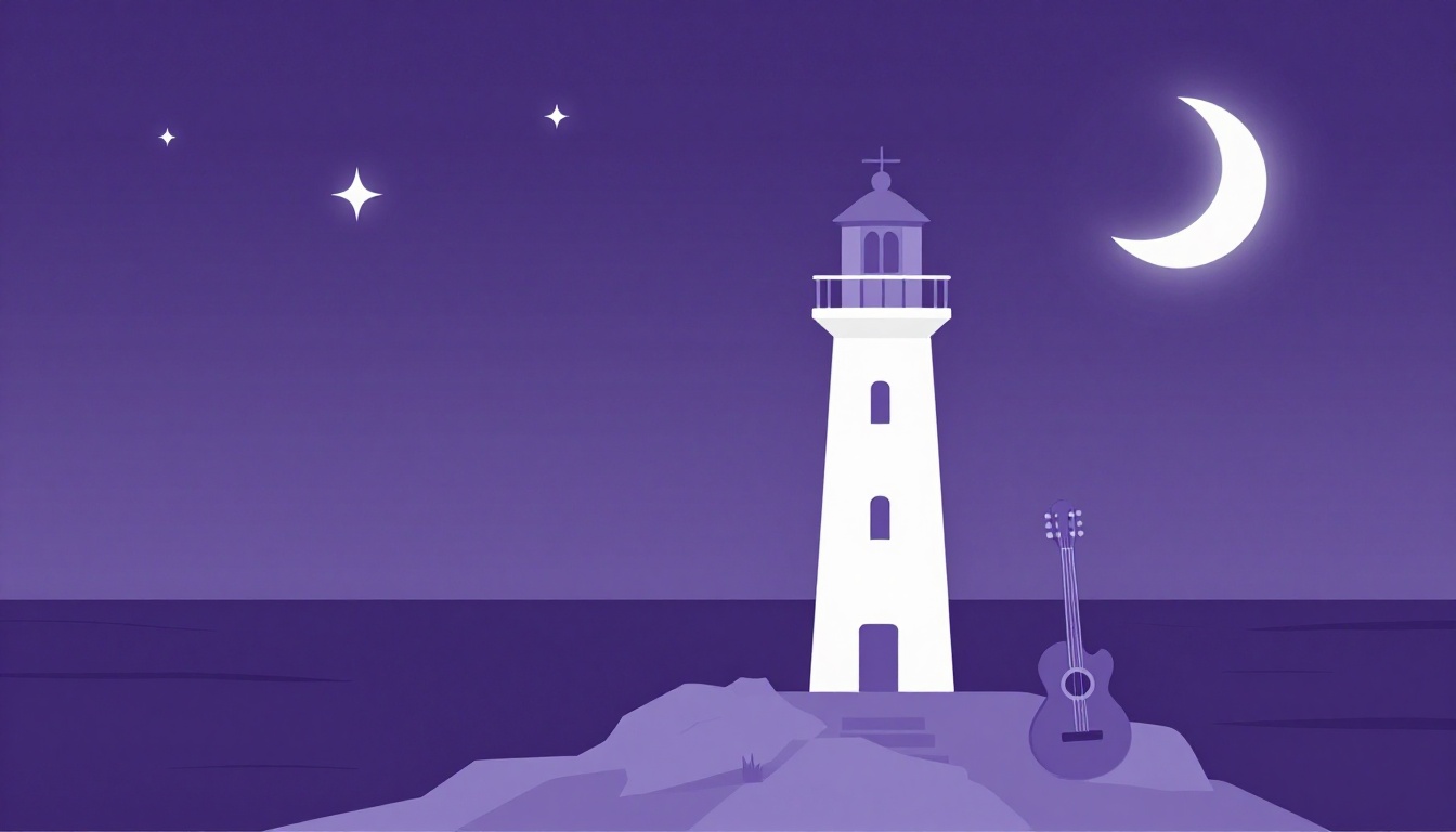 A Portuguese guitar beside a lighthouse under a crescent moon, fado and saudade in Portuguese culture