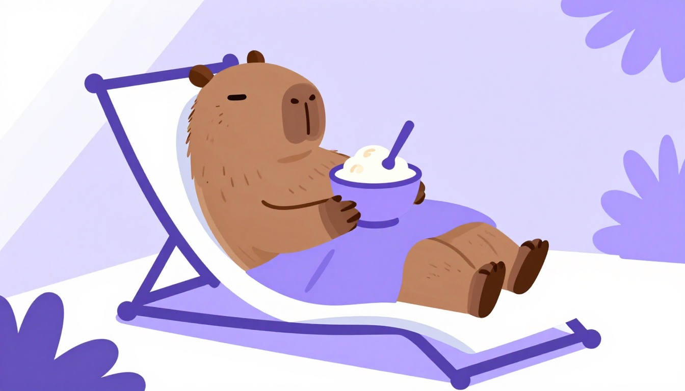 A capybara relaxing in a hammock on a sunny patio, holding a small bowl of ice cream with a spoon