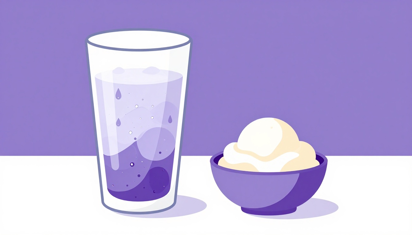A tall glass of ice water with condensation droplets next to a small bowl of ice cream on a cafe table