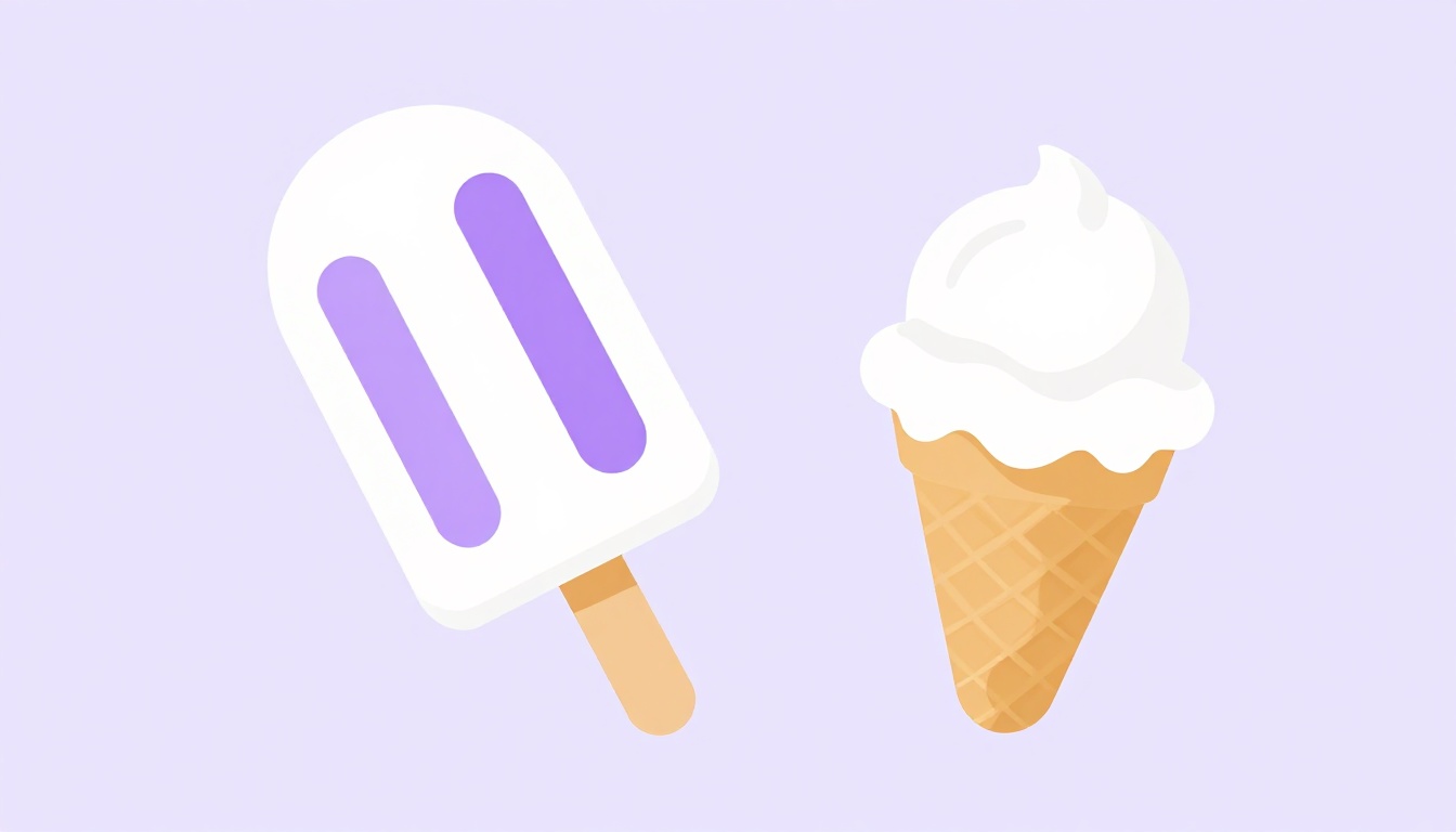 A frozen fruit popsicle on a wooden stick next to a single scoop of ice cream in a waffle cone