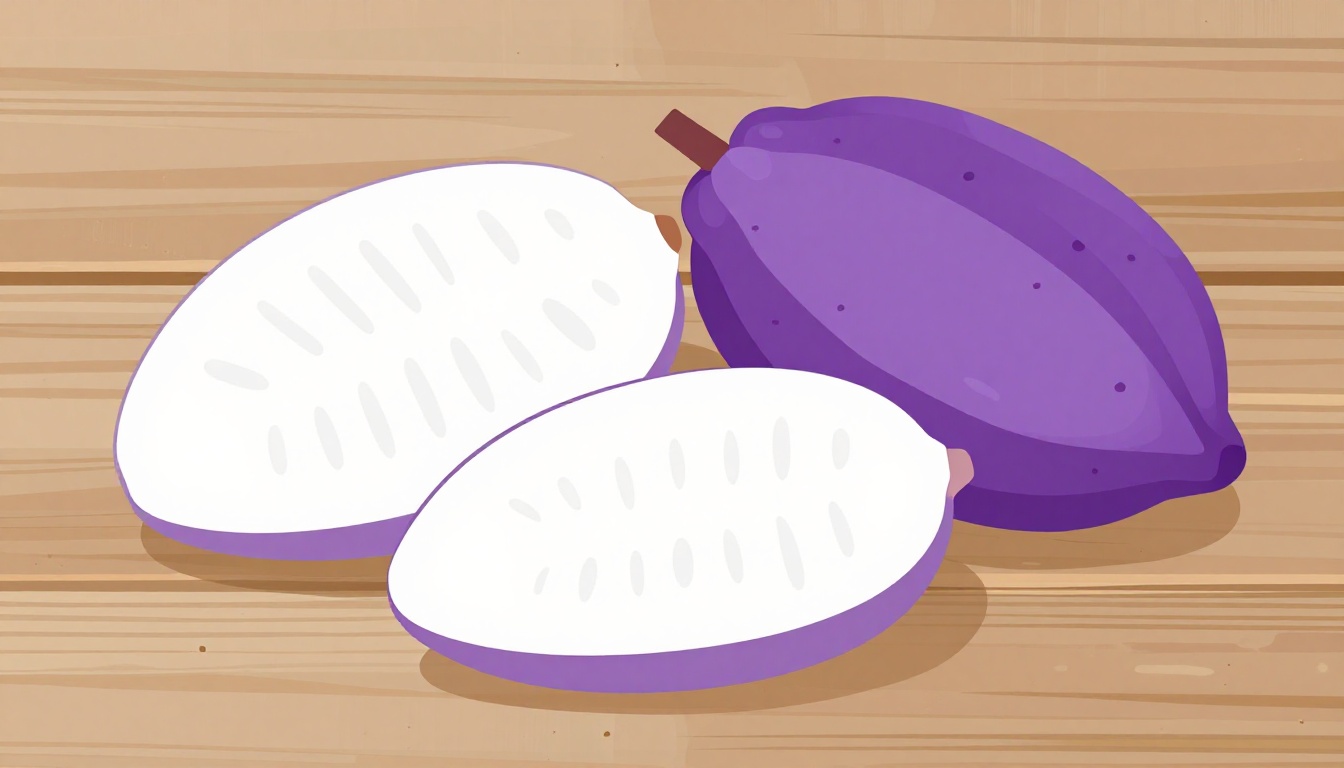 Jackfruit, soursop, and a whole cacao-like cupuacu pod arranged on a rustic wooden table