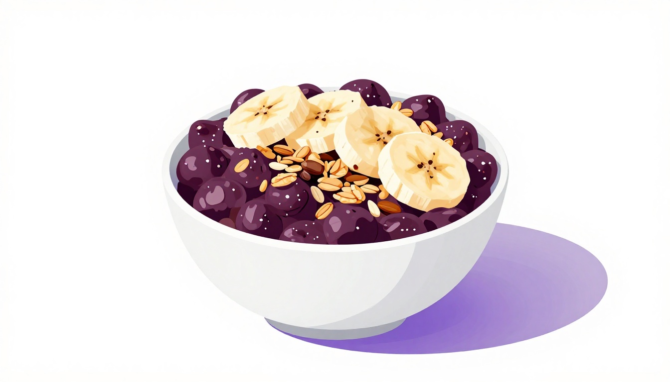 A bowl of thick purple acai topped with granola and sliced banana