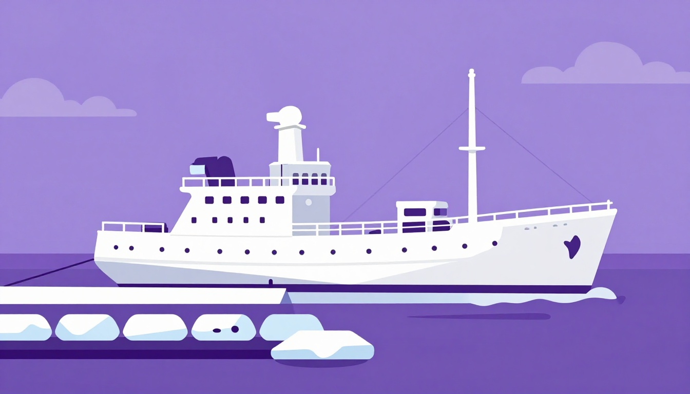 A vintage cargo ship arriving at a harbor at dawn with blocks of ice stacked on the dock