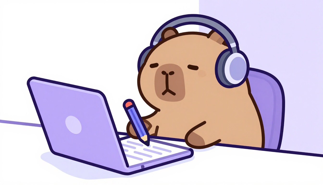 capivara estudando inglês com fones de ouvido e caderno aberto