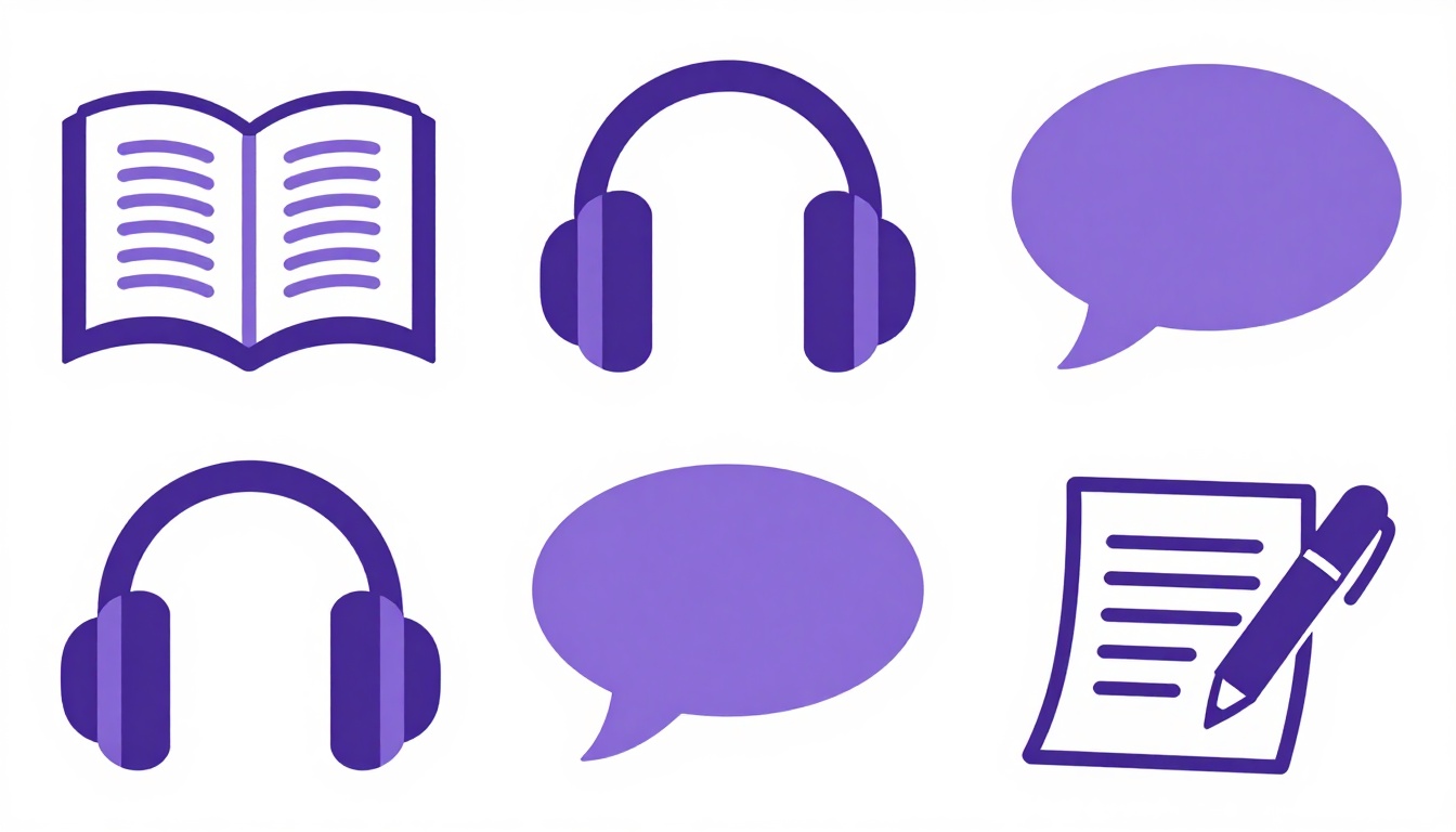 quatro ícones representando leitura, audição, fala e escrita em inglês
