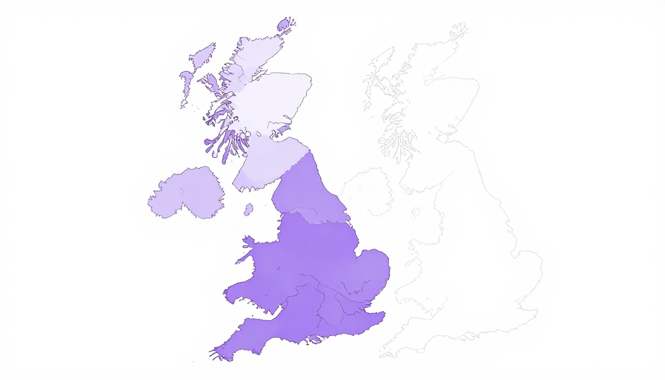 Mapa estilizado do Reino Unido com Inglaterra, Escócia, País de Gales e Irlanda do Norte em tons de roxo