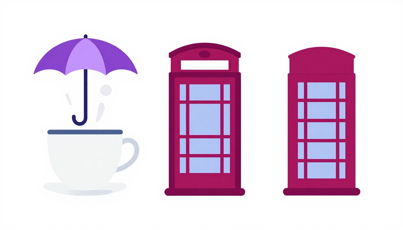 Xícara de chá, guarda-chuva e cabine telefônica vermelha ilustrando objetos do dia a dia britânico ligados às gírias
