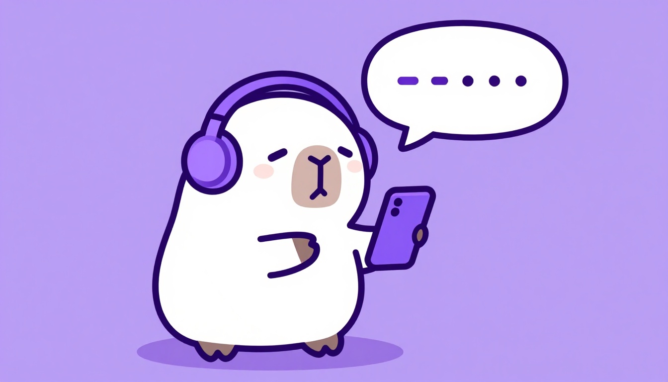 Capivara usando fones de ouvido praticando conversação em inglês em frente a um smartphone