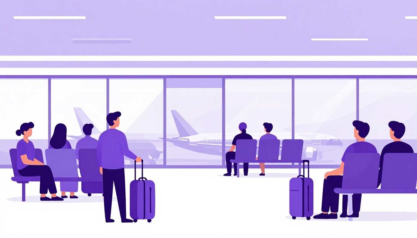 Sala de embarque de aeroporto com passageiros e malas de rodinha esperando perto das janelas, com aviões estacionados lá fora